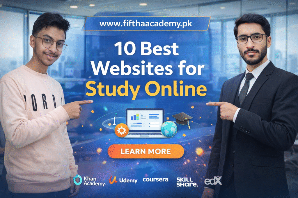 Two instructors pointing to ‘10 Best Websites for Study Online’ on FIFTH-A Academy banner.”