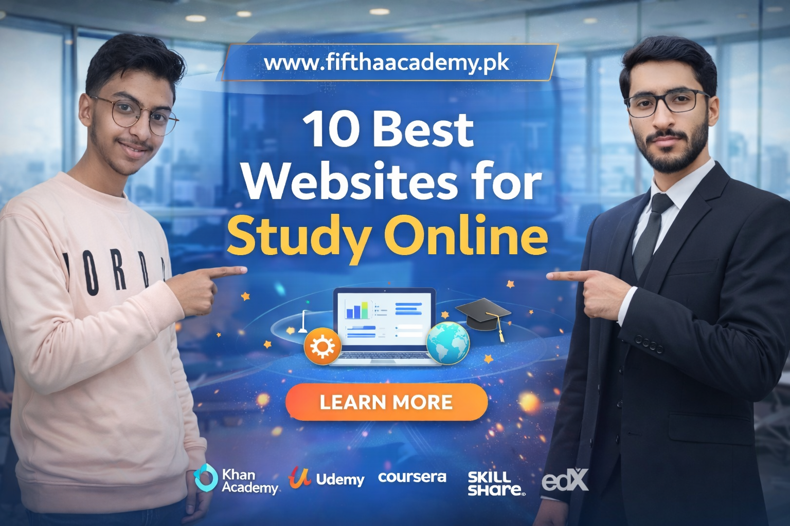 Two instructors pointing to ‘10 Best Websites for Study Online’ on FIFTH-A Academy banner.”