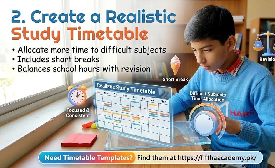 "A visual guide for Pakistani students (9th-12th grade) on mastering exam time management. The banner features a student pointing to tips on taking timed mock exams, tackling high-weight questions first, and utilizing time-based practice plans for board exams from fifthacademy.pk."