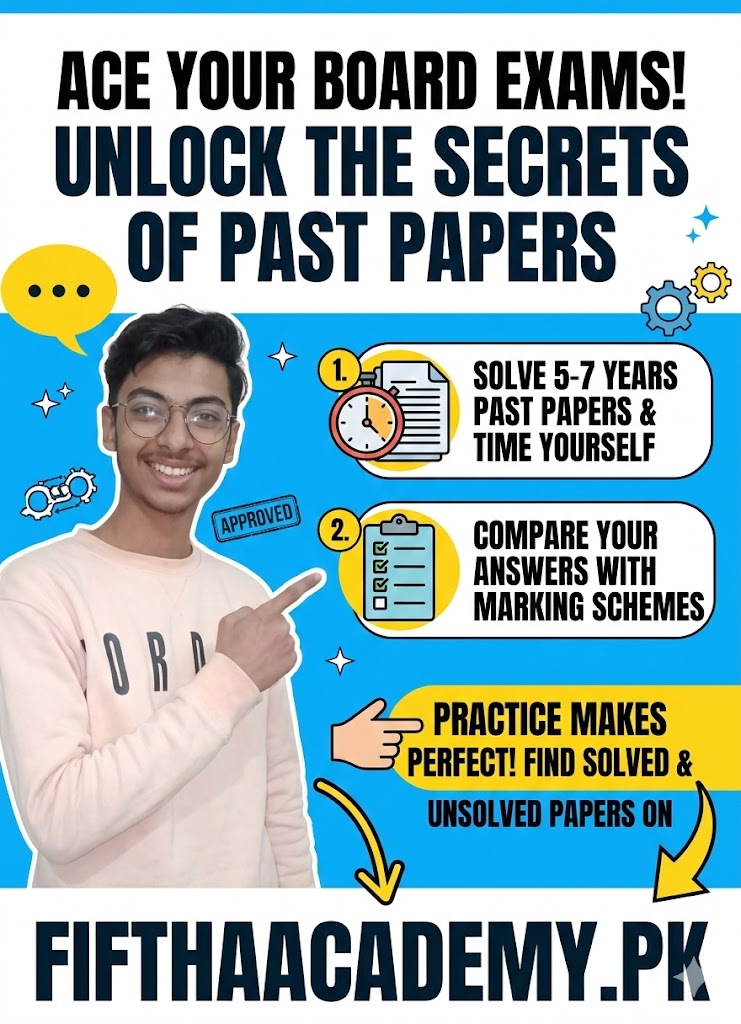 "An attractive banner promoting smart revision techniques for board exams. It features a student holding a tablet, pointing to icons representing color-coded notes, mind maps, and one-page chapter summaries to help Matric and Intermediate students revise quickly."