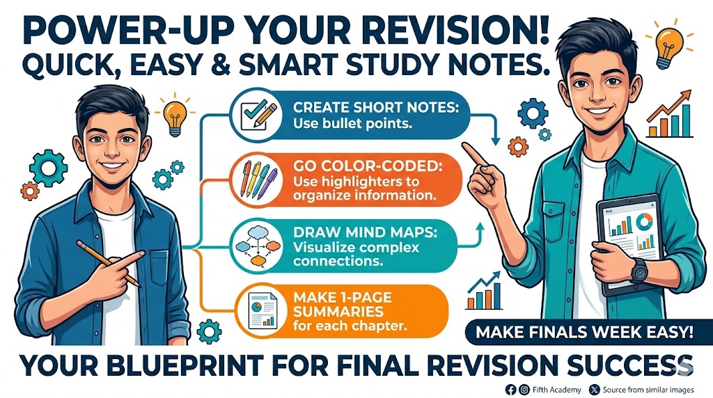 An SEO banner titled 'Ace Your Exam Day' featuring a student showcasing tips for Pakistani board exams. The checklist includes reaching the center early, scanning questions, tackling high-mark questions first, and maintaining calmness. Includes a call-to-action for fifthacademy.pk."