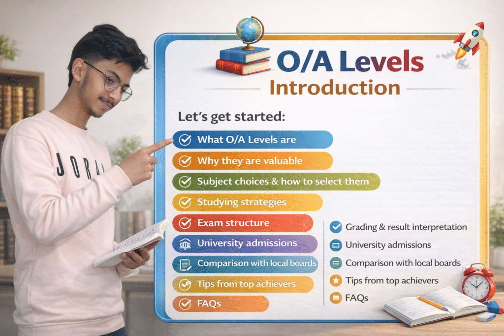 Student pointing at O/A Levels introduction topics board including exam structure, subject selection, grading system and university admissions guide.