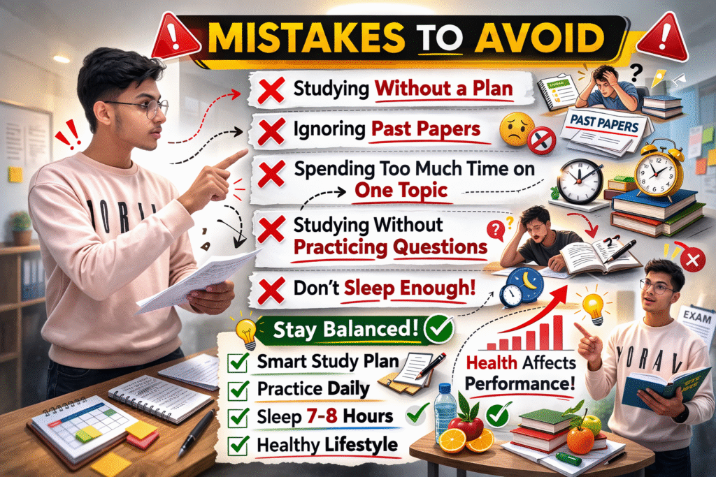 Mistakes to Avoid

❌ Studying without a plan
❌ Ignoring past papers
❌ Spending too much time on one topic
❌ Studying without practicing questions
❌ Don’t sleep enough!

You need a balanced lifestyle — health affects performance.