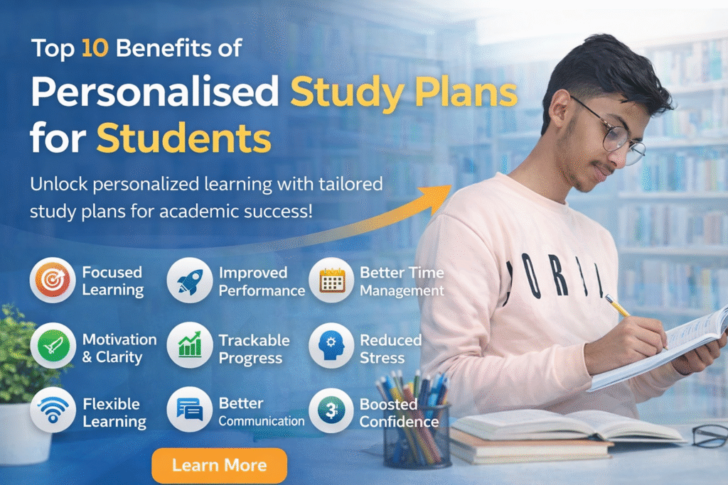 Young male student wearing glasses writing in a notebook at a study desk, alongside a banner titled “Top 10 Benefits of Personalised Study Plans for Students” highlighting key advantages like focused learning, improved performance, and better time management.