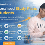Young male student wearing glasses writing in a notebook at a study desk, alongside a banner titled “Top 10 Benefits of Personalised Study Plans for Students” highlighting key advantages like focused learning, improved performance, and better time management.