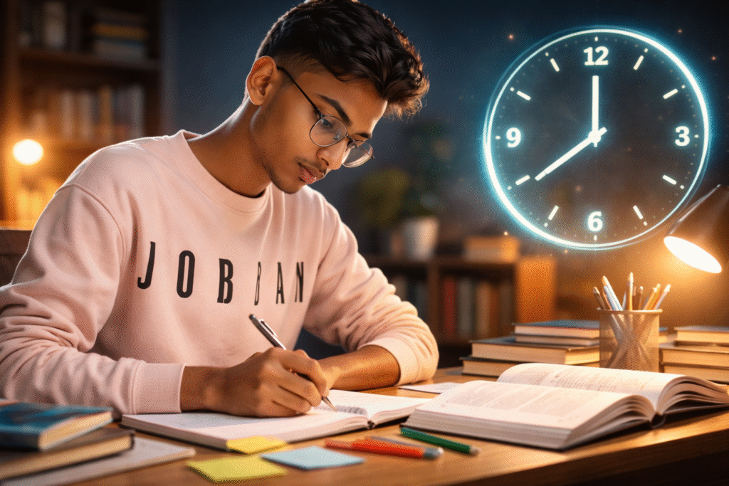 Focused student studying at desk with books and glowing clock representing time management during exams