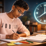 Focused student studying at desk with books and glowing clock representing time management during exams
