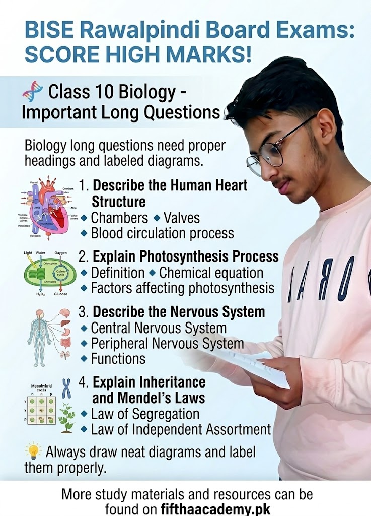 Alt Text: A Biology study banner for Class 10. The student is pictured next to a list of topics: Human Heart Structure, Photosynthesis, the Nervous System, and Mendel’s Laws of Inheritance. Educational diagrams of a heart, a leaf, and a Punnett square are visible.