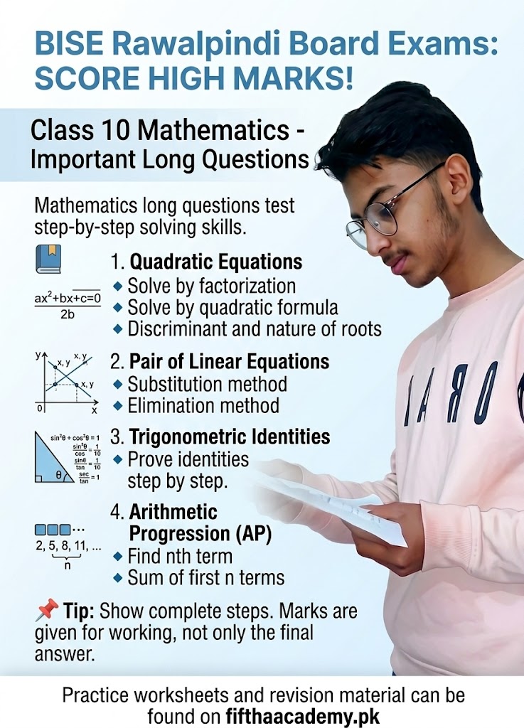 . Mathematics BannerAlt Text: A Mathematics-focused educational graphic. It lists important long questions for Quadratic Equations, Linear Equations, Trigonometric Identities, and Arithmetic Progression ($AP$). Mathematical icons like a coordinate plane and a right-angled triangle are shown next to the student.