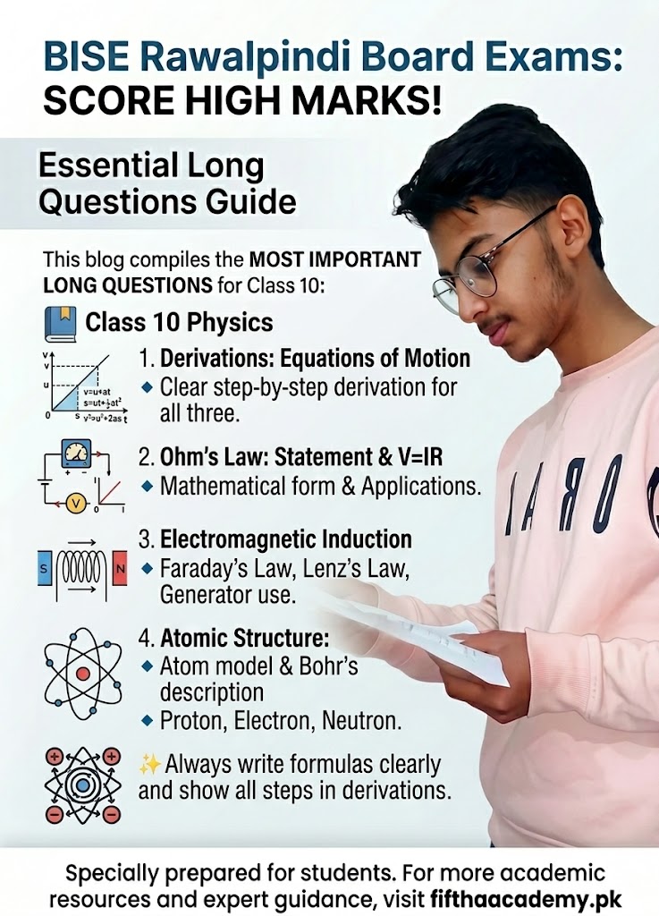 Alt Text: A Physics exam preparation banner featuring the same student. Key topics listed are Derivations of Equations of Motion, Ohm’s Law ($V=IR$), Electromagnetic Induction, and Atomic Structure. It includes technical diagrams of a motion graph, a circuit, and a Bohr atom model.