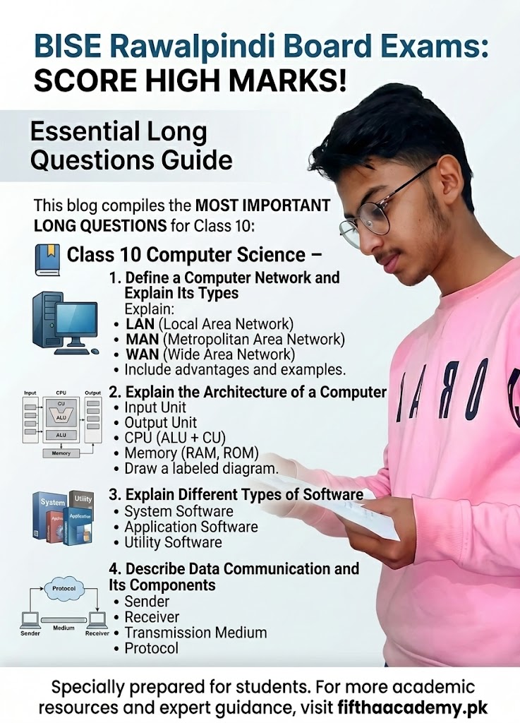 Alt Text: A Class 10 Computer Science study guide banner showing a student looking at notes. Text highlights long questions on Computer Networks (LAN, MAN, WAN), Computer Architecture (CPU, Memory), Software types, and Data Communication components. Icons of a desktop computer and software boxes are included.