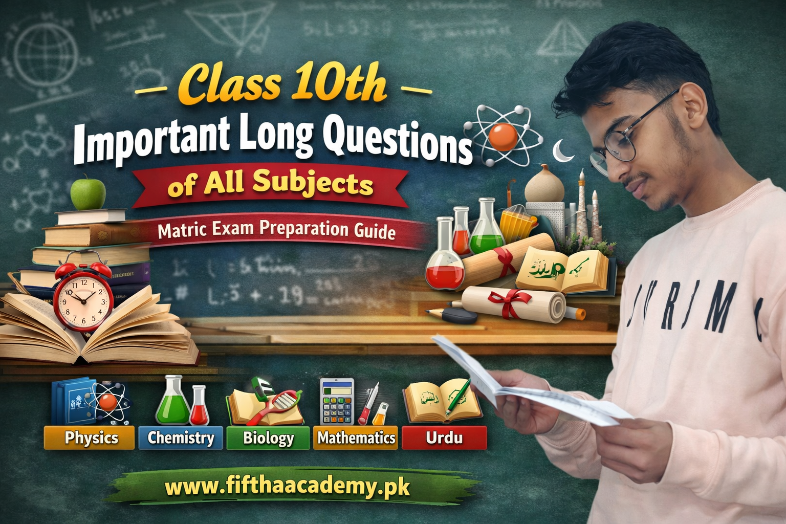 https://fifthaacademy.pk/ Class 10th important long questions of all subjects banner with student studying for Matric board exams – Physics, Chemistry, Biology, Mathematics, Urdu preparation guide from Fifth Academy.
