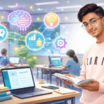 A modern classroom with a male student using a laptop showing ChatGPT, books on desk, and glowing AI icons floating above representing smart learning technology in 2026.