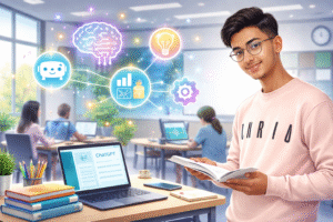 A modern classroom with a male student using a laptop showing ChatGPT, books on desk, and glowing AI icons floating above representing smart learning technology in 2026.