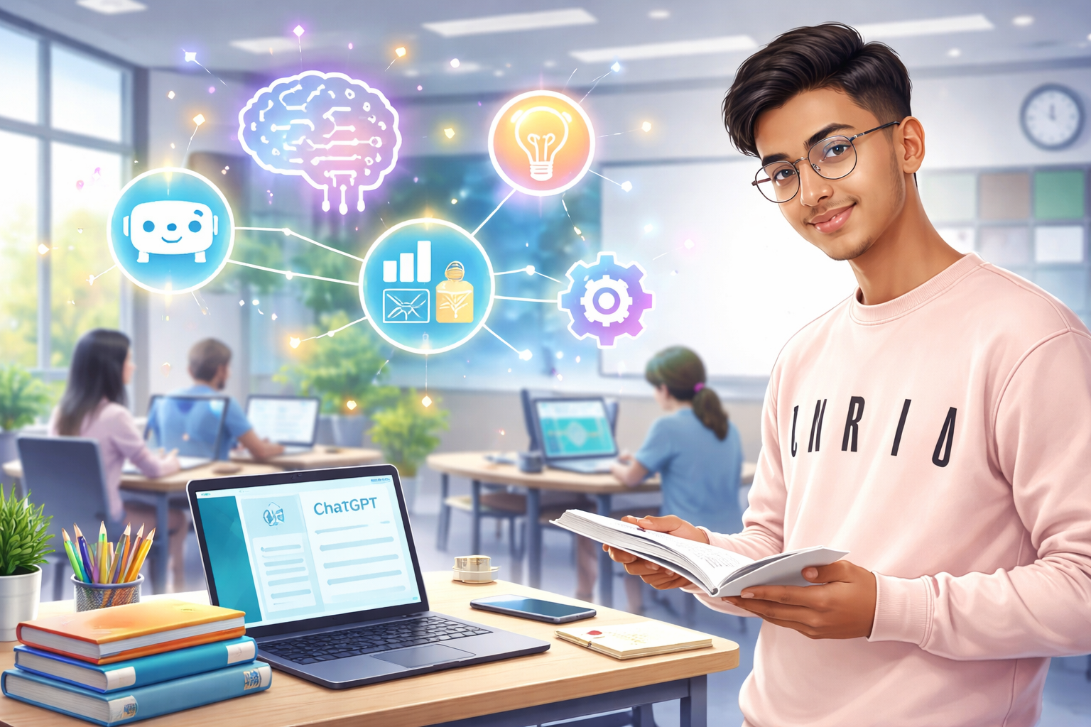 A modern classroom with a male student using a laptop showing ChatGPT, books on desk, and glowing AI icons floating above representing smart learning technology in 2026.