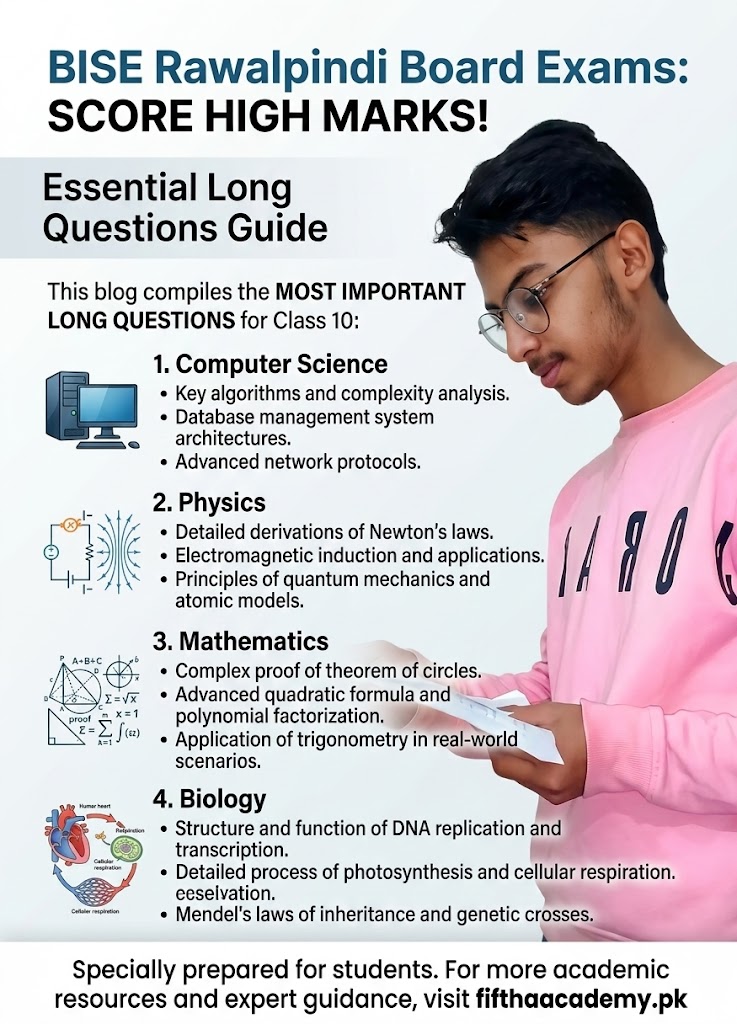 a young male student in glasses and a pink sweatshirt reading a document. The banner lists "Essential Long Questions" for Computer Science, Physics, Mathematics, and Biology. The bottom footer includes the Fifth-A Academy website link.