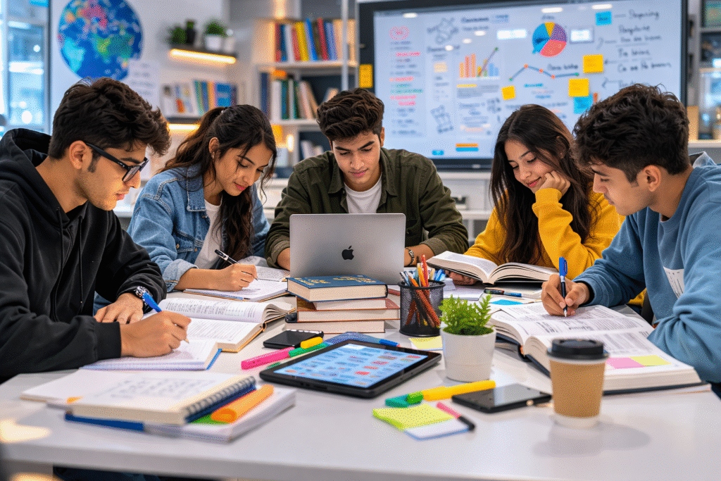 Students using smart study methods and digital tools for exam preparation.