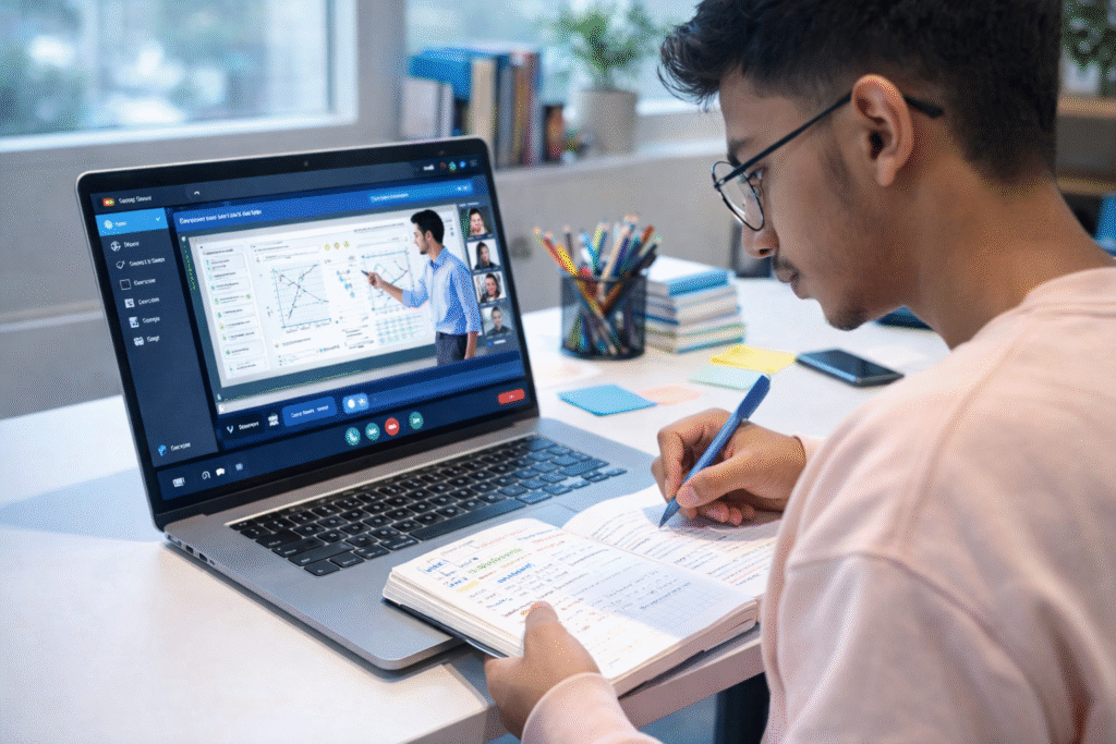 Hybrid learning where a student studies online using digital technology.