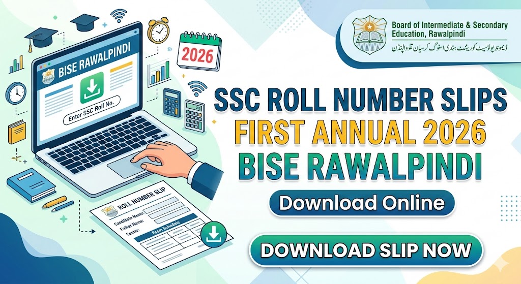 https://fifthaacademy.pk/amhb-study-house/"A professional educational banner featuring a laptop on a desk showing the BISE Rawalpindi website. Large, bold text on the right reads 'SSC ROLL NUMBER SLIPS FIRST ANNUAL 2026 – BISE RAWALPINDI'. The design includes an official-looking board logo, an 'Enter SSC Roll No.' prompt on the screen, a physical roll number slip icon, and a prominent 'DOWNLOAD SLIP NOW' button. The background is a clean white and teal corporate style with subtle academic icons like graduation caps and books."