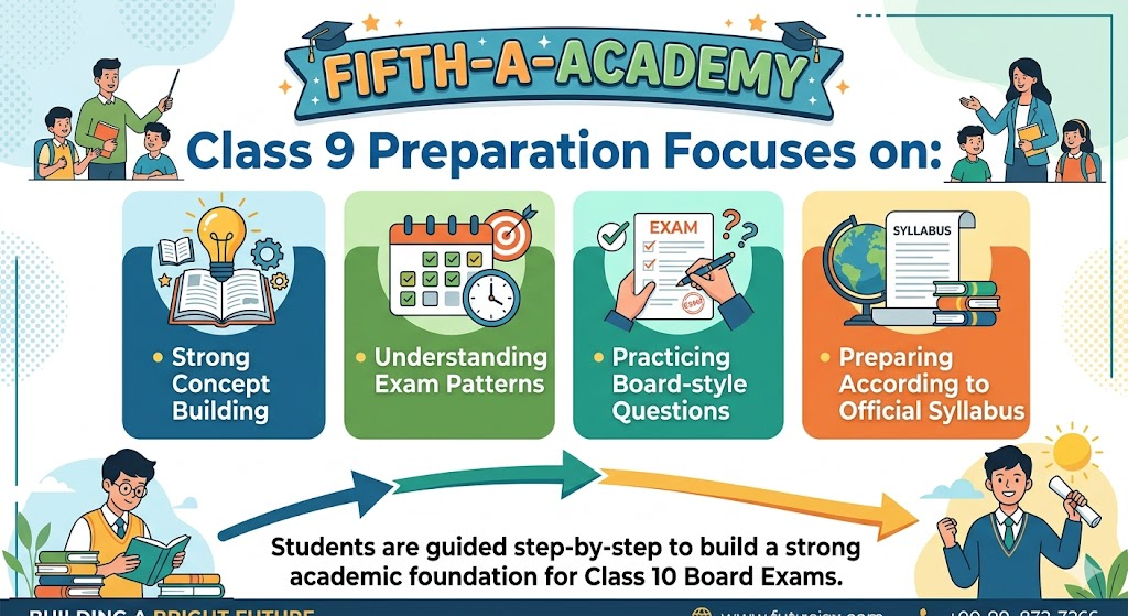 Blue section: Icon of a lightbulb over an open book with gears and stars. Text reads: "Strong Concept Building."

Green section: Icon of a calendar with green checkmarks, a bullseye with an arrow, and a clock. Text reads: "Understanding Exam Patterns."

Teal section: Icon of two hands holding a pencil, ticking off items on an exam paper with a question mark. Text reads: "Practicing Board-style Questions."
