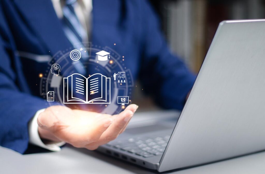 A modern student studying with a laptop, books, and digital elements (AI or hologram style).