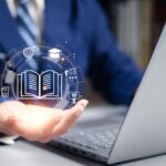 A modern student studying with a laptop, books, and digital elements (AI or hologram style).