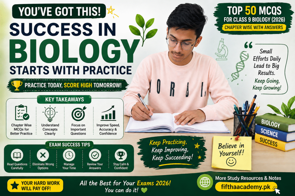 Biology exam success tips for class 9 students 2026 motivation and MCQs practice 
guide
Practice daily and boost your marks in Class 9 Biology exams 2026.
This motivational image encourages students to stay consistent in their preparation. It highlights key exam tips, daily practice strategies, and confidence-building messages to help students achieve high marks in Biology board exams.