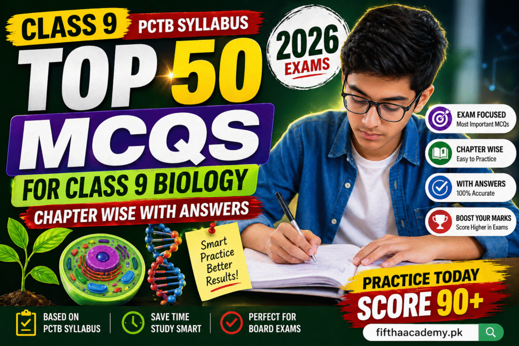 Top 50 MCQs for Class 9 Biology 2026 PCTB syllabus with answers and exam preparation guide