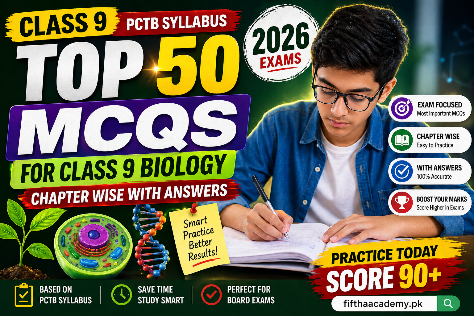 Top 50 MCQs for Class 9 Biology 2026 PCTB syllabus with answers and exam preparation guide
