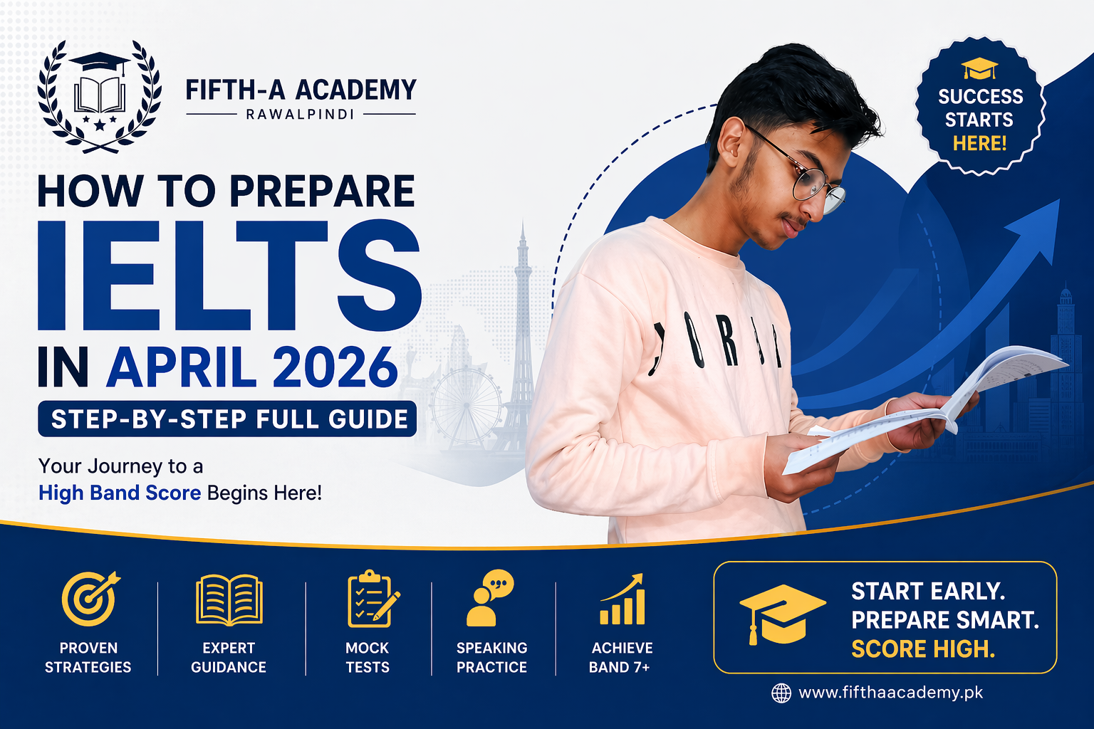 IELTS preparation April 2026 banner by Fifth-A Academy Rawalpindi with student studying and step-by-step guide for high band score