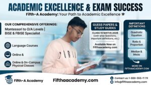 "A professional educational banner for Fifth-A Academy showing a student studying. The text highlights Class 10 Mathematics Guess Paper 2026, including important definitions and exercise-wise questions available on Fifthaacademy.com."
