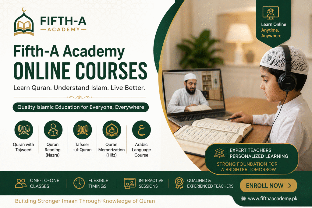 Fifth-A Academy online Quran courses banner showing a student learning Quran on laptop with expert teacher for Tajweed, Hifz, and Islamic studies