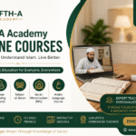 Fifth-A Academy online Quran courses banner showing a student learning Quran on laptop with expert teacher for Tajweed, Hifz, and Islamic studies