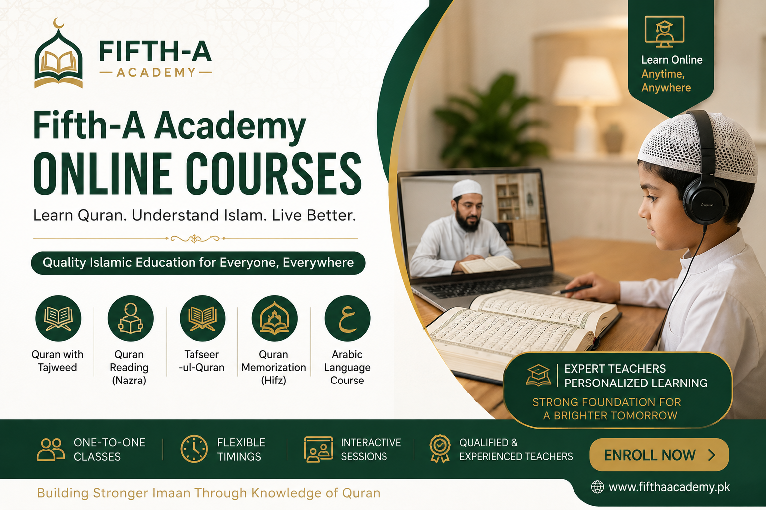 Fifth-A Academy online Quran courses banner showing a student learning Quran on laptop with expert teacher for Tajweed, Hifz, and Islamic studies