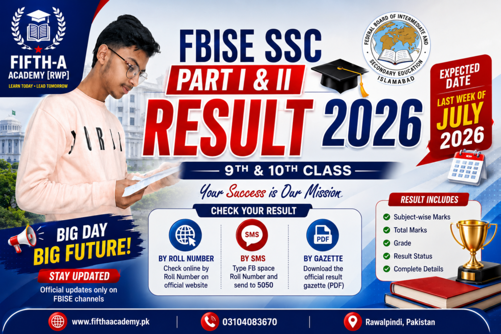 Professional featured image for FBISE SSC Part I & II Result 2026 showing the expected result date, 9th and 10th class result guide, roll number checking method, SMS 5050 service, gazette download, and FIFTH-A ACADEMY Rawalpindi educational support.