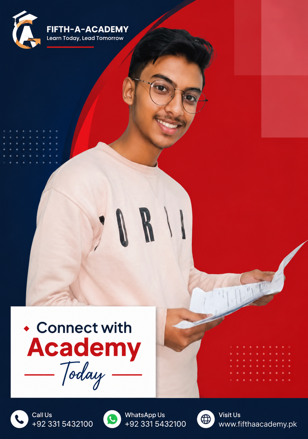 Confident student holding books at FIFTH-A-ACADEMY in Rawalpindi representing quality education, board exam preparation, IELTS classes, online learning, and academic excellence.