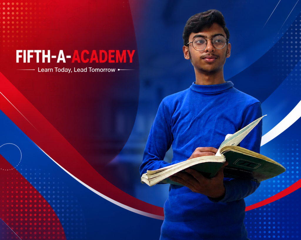 Confident student holding books at FIFTH-A-ACADEMY in Rawalpindi representing quality education, board exam preparation, IELTS classes, online learning, and academic excellence.