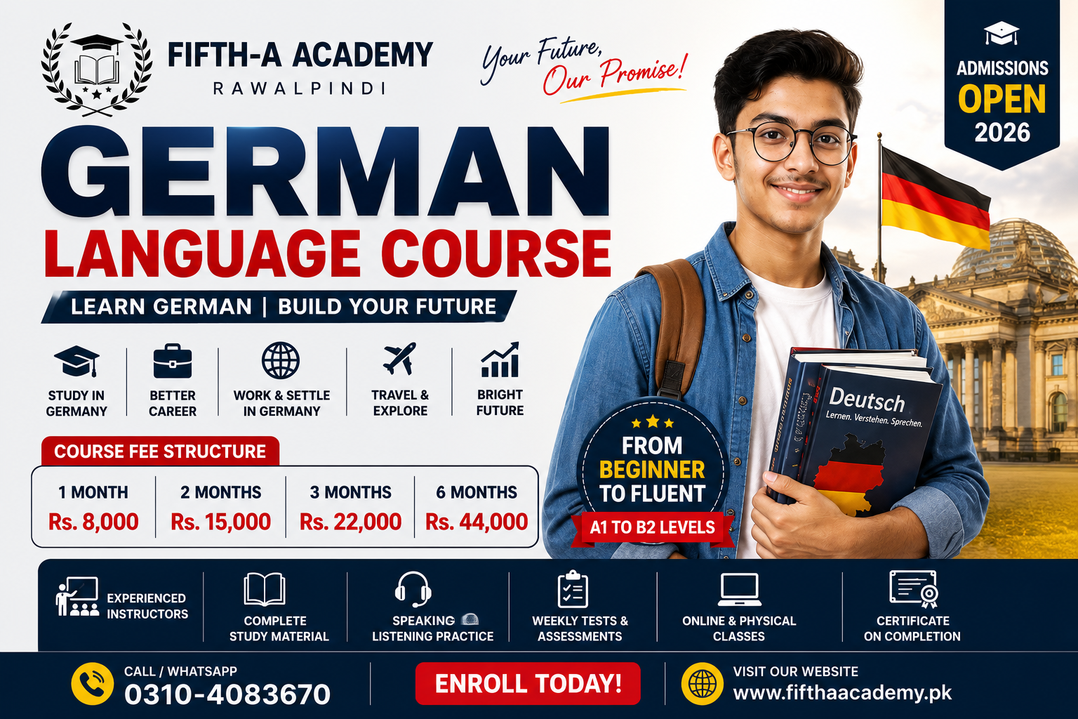 Featured image for German Language Course in Rawalpindi 2026 at FIFTH-A Academy showing A1 to B2 German classes, experienced instructors, affordable fees, online and physical classes, and admissions open for students planning to study or work in Germany.