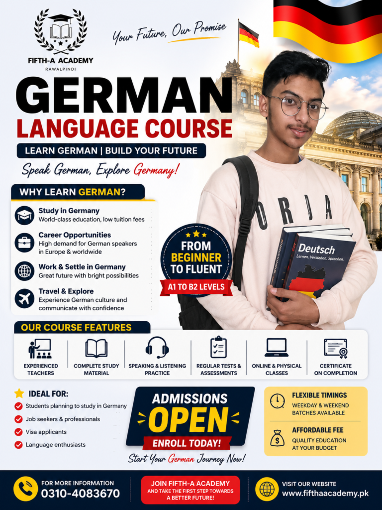 German Language Course in Rawalpindi at FIFTH-A Academy – Admissions Open 2026 for A1 to B2 levels with physical and online classes, affordable fees, experienced instructors, and study in Germany preparation.
