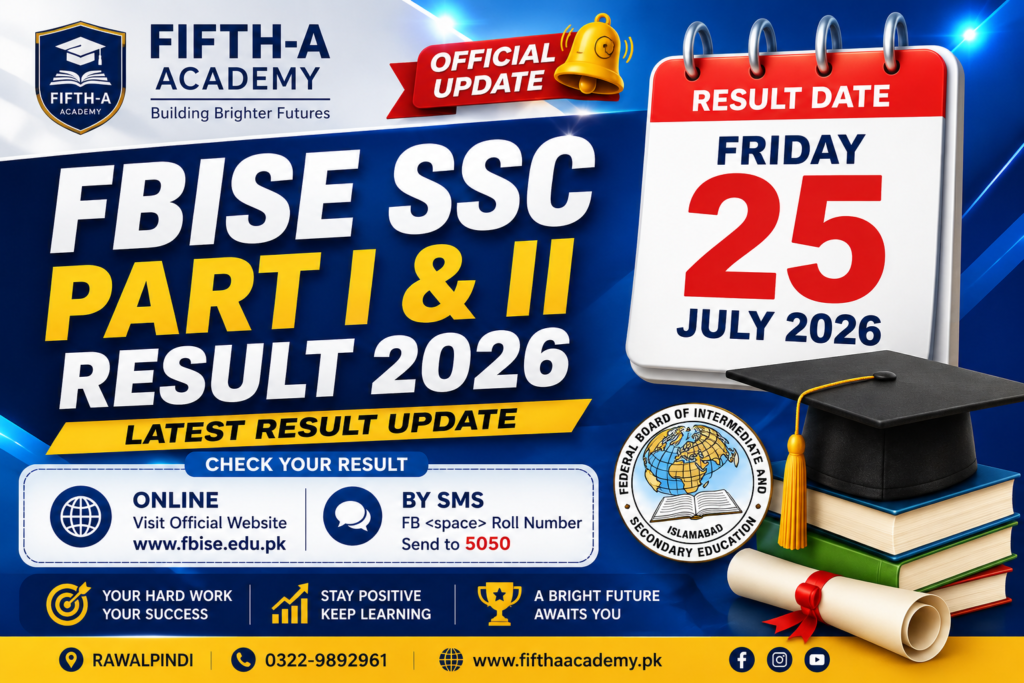 FBISE SSC Part I and Part II Result 2026 expected on 25 July 2026. Students checking their Matric result online with Fifth-A Academy result updates and guidance.
