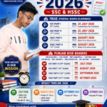 Infographic showing All Pakistan Board Result Dates 2026 for SSC and HSSC examinations, including FBISE and Punjab BISE Boards, featuring result schedule, timeline, official websites, and FIFTH-A ACADEMY educational branding with a student reading notes.