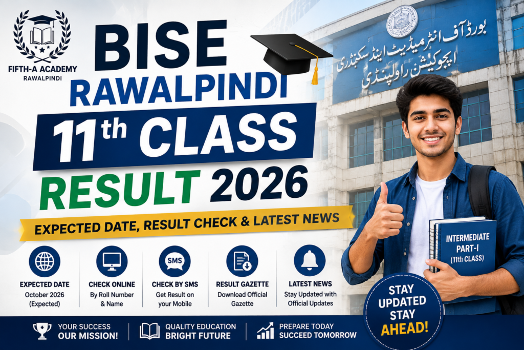 Student holding books with BISE Rawalpindi 11th Class Result 2026 banner showing expected result date, online result check, SMS method, gazette download, and latest updates by FIFTH-A Academy Rawalpindi.