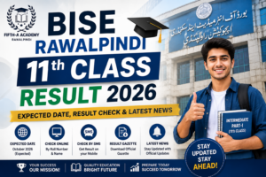 Student holding books with BISE Rawalpindi 11th Class Result 2026 banner showing expected result date, online result check, SMS method, gazette download, and latest updates by FIFTH-A Academy Rawalpindi.