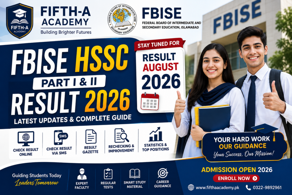 FBISE HSSC Part I and Part II Result 2026 featured image showing latest result updates, expected result date, online result checking, SMS method, gazette, and expert guidance by FIFTH-A Academy.