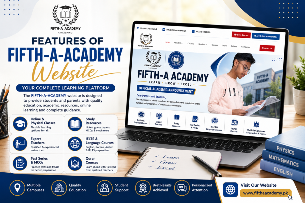 FIFTH-A-ACADEMY website featuring online classes, study resources, expert teachers, test preparation and academic courses in Rawalpindi